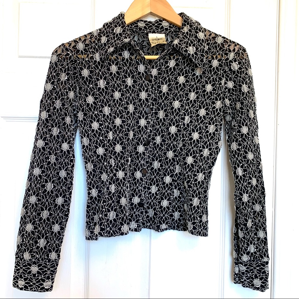 90’s Vintage Floral Lace Blouse Black and White Size XS